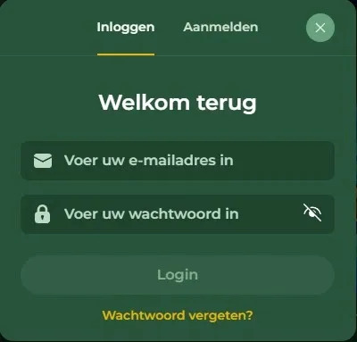 Betsixty inloggen scherm met velden voor e-mailadres en wachtwoord, knop Login en link Wachtwoord vergeten