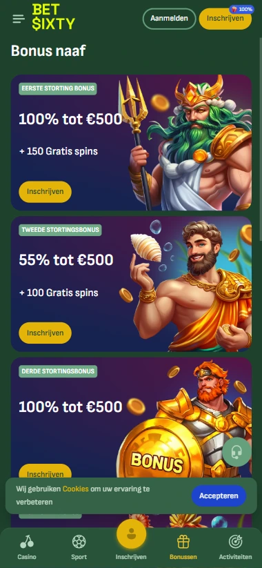 Betsixty bonus pagina met welkomstaanbiedingen en inschrijfknoppen voor eerste, tweede en derde storting