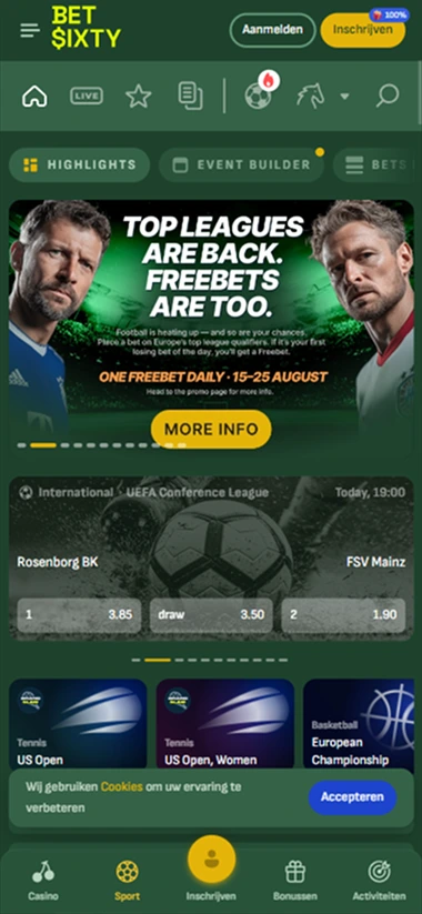 Betsixty app mobiele interface met sportweddenschappen, freebet promotie en navigatie naar casino, bonussen en activiteiten